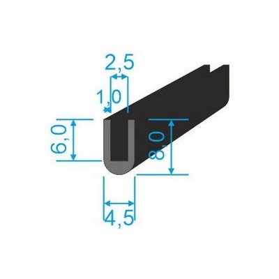 00535008 Pryžový profil tvaru "U", 8x4,5/2,5mm, 70°Sh, EPDM, -40°C/+100°C, černý