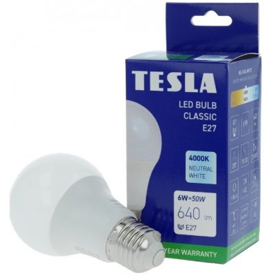 Tesla LED žárovka BULB, E27, 6W, 230V, 640lm, 25 000h, 4000K denní bílá, 220st – Zboží Živě