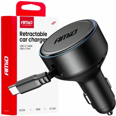 Nabíječka do auta výsuvná C kabel + USB C port 12/24V 60W AMiO-04368 | Zboží Auto