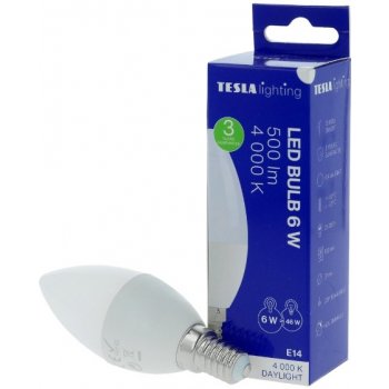 Tesla LED žárovka svíčka CANDLE E14, 6W, 230V, 500lm, 25 000h, 4000K denní bílá, 220st