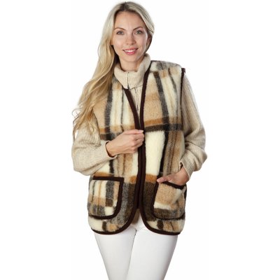 Wooline vesta z ovčí vlny se zipem a dvěma kapsami kostkovaná – Zboží Dáma