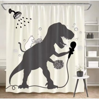 Sprchový závěs se zavěšením grommet top + háčky - Béžový s bílou kočkou a dinosaurem, 200 x 180 cm – Hledejceny.cz