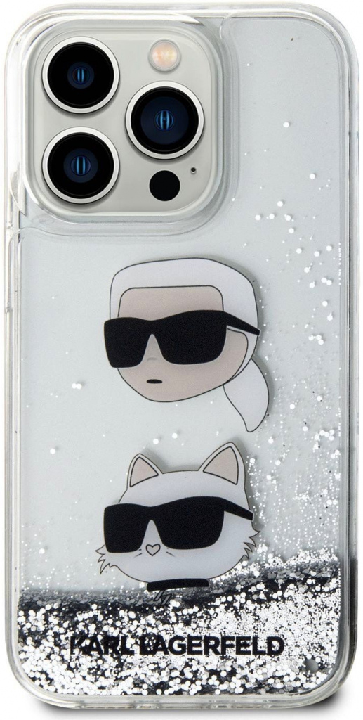 Karl Lagerfeld Liquid Glitter Karl and Choupette Head iPhone 15 Pro Max stříbrné