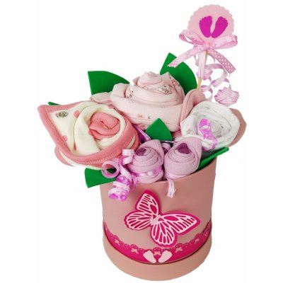 BabyDort plenkový dort růžová kytice k narození miminka - textilní květinový flower box – Zboží Dáma