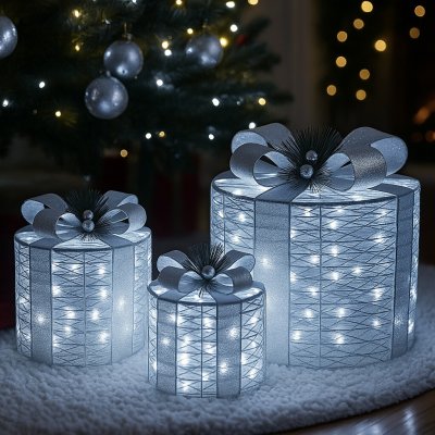 Venkovní LED oválné svítící dárky - sada 3 ks XL/L/M, 120 LED, IP44 - vánoční dekorace pod stromeček Stříbrná a bílé studené světlo – Hledejceny.cz