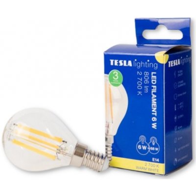 Tesla LED žárovka miniglobe FILAMENT RETRO E14, 6W, 230V,806lm,25 000h, 2700K teplá b.,360st,čirá