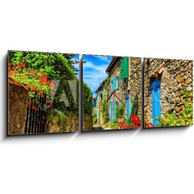 Obraz s hodinami 3D třídílný - 150 x 50 cm - Beautiful colorful medieval alley in Yvoire town in France Krásná barevná středověká ulička ve městě Yvoire ve Francii