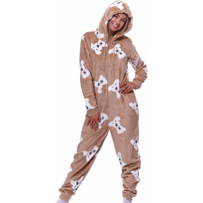 1Z1666 teplý overal s kapucí s bílými medvídky hnědý – Zboží Dáma