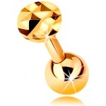 Šperky Eshop zlatý piercing do ucha lesklá rovná činka s kuličkou a broušeným kolečkem S2GG183.27