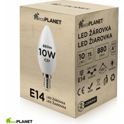 EcoPlanet LED žárovka E14 10W svíčka 880Lm teplá bílá