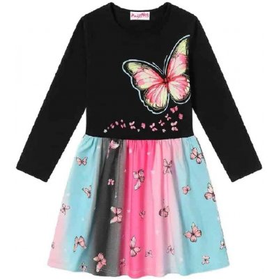 BAVLNĚNÉ DÍVČÍ ŠATY S MOTÝLKY A DLOUHÝM RUKÁVEM NOVINKA Tmavě modrá – Zboží Dáma