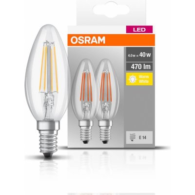 Osram sada 2x LED filamentová žárovka E14, Candle, 4W, 470lm, 2700K, teplá bílá – Zbozi.Blesk.cz
