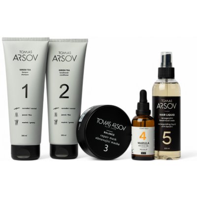 Tomas Arsov Péče o kudrnaté jemné vlasy GREEN TEA Šampon 250 ml + Kondicionér 250 ml BALANCE Obnovující maska 100 ml + Marulový olej s vitamínem E 50 ml + HAIR LIQUID Keratin. voda 200 ml – Zboží Dáma