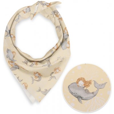Biante Dětský bavlněný šátek Sandra SA-670 Šedo-hnědé mořské panny s delfíny na žlutobéžovém – Zboží Dáma