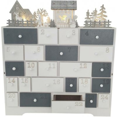 LED adventní kalendář dřevěný betlém, 37 × 11 × 40 cm, bílá a šedá, na 2× AA – Zboží Dáma