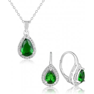 Meucci Stříbrná sada náušnic a náhrdelníku se zeleným kapkovitým zirkonem - SS374S – Zboží Mobilmania