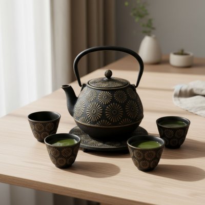 Aromeio Litinová konvice s šálky a podstavcem KOGA 1200 ml antracitová černá – Zboží Dáma Aromeio Litinová konvice s šálky a podstavcem KOGA 1200 ml antracitová černá – Zboží Dáma