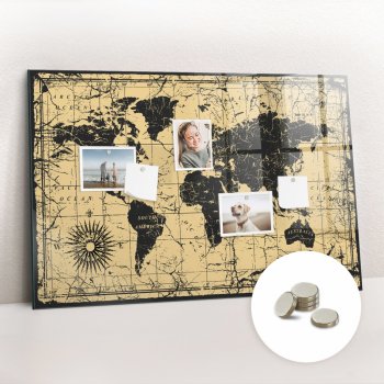 tulup Magnetická Tabule na Zeď Skleněná - Memo Board Kleněnou Přední Stranou - 5 magnetů v balení - 90 x 60 cm - Vintage mapa světa