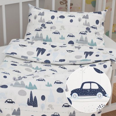 Biante dětské povlečení Sandra SA 685 Modrá auta mezi stromy na bílém 100 x 135 cm 40 x 60 cm – Zboží Dáma