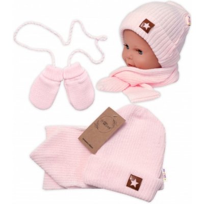 Baby Nellys Pletená čepice s šálou a rukavičky 3v1 STAR sv. růžová