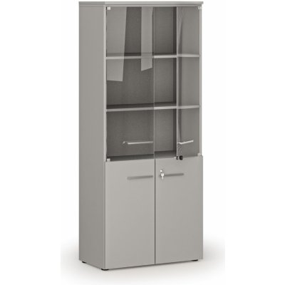 Primo Kombinovaná kancelářská skříň s dřevěnými a skleněnými dveřmi GRAY, 1781 x 800 x 420 mm, šedá – Zboží Mobilmania