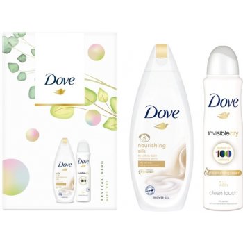 Dove Nnourishing Revitalizing Silk sprchový gel 250 ml + Invisible Dry Clean Touch antiperspirant sprej 150 ml dárková sada