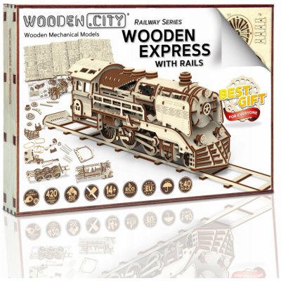 WOODEN CITY 3D puzzle Dřevěný Express s tendrem a kolejemi 580 ks – Zboží Mobilmania
