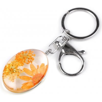 Přívěsek na klíče a kabelku Stoklasa lisované květy v oválu 4 oranžová