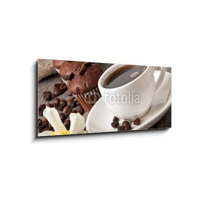 Obraz 1D panorama - 120 x 50 cm - cup of coffee and chocolate cake šálek kávy a čokoládového dortu – Zboží Mobilmania