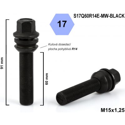 Kolový šroub M15x1,25x60 kulový R14, pohyblivá plocha, klíč 17, S17Q60R14E-MW-BLACK, černý, výška 91 mm