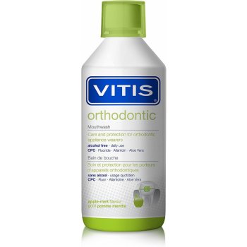 Vitis Orthodontic ústní voda pro uživatele fixních rovnátek příchuť Apple Mint Alcohol Free CPE Sodium Fluoride Allantoin Aloe Vera 500 ml