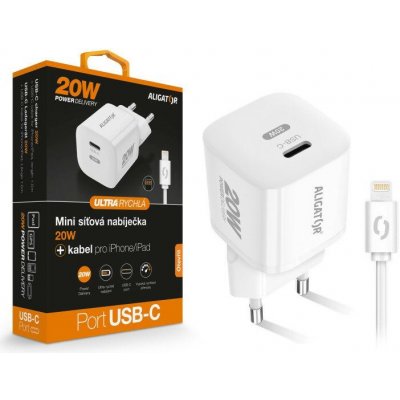 Chytrá mini síťová nabíječka ALIGATOR Power Delivery 20W, USB-C kabel pro iPhone/iPad, bílá – Zboží Mobilmania