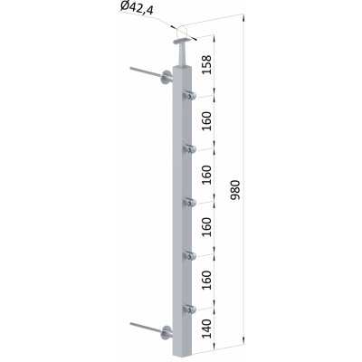 Nerezový sloup na francouzský balkón, boční kotvení, 5 řadový, levý, vrch pevný, (40x40x2 mm), broušená nerez K320 / AISI304