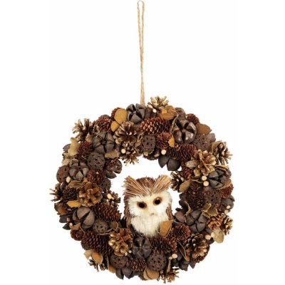 MagicHome Vianoce Věnec MagicHome Vánoce přírodní závěsný hnědý se sovou 30 x 8 cm – Zboží Dáma