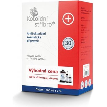 Koloidní stříbro s.r.o. Koloidní stříbro 500 ml + 25 ml sprej + 30 ml N sprej 30 ppm dárková sada