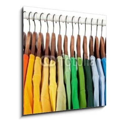 Obraz 1D - 50 x 50 cm - Rainbow colors, clothes on wooden hangers Duhové barvy, oblečení na dřevěných věšácích