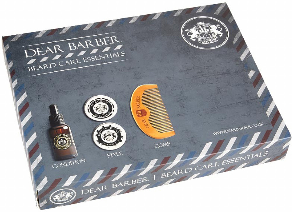 Dear Barber Beard Care Essentials na plnovous olej na vousy 30 ml + balzám na vousy 30 ml + vosk na knír 25 ml + dřevěný hřeben dárková sada