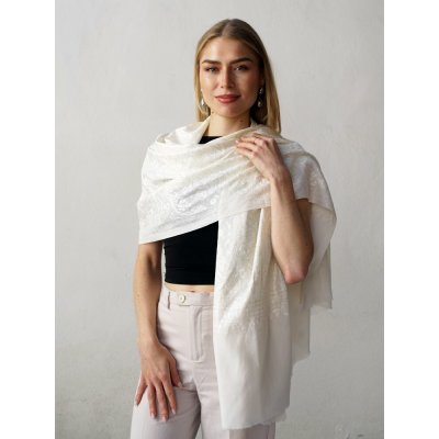 Kašmírská vlněná šála vyšívaná hedvábím smetanová – Sleviste.cz