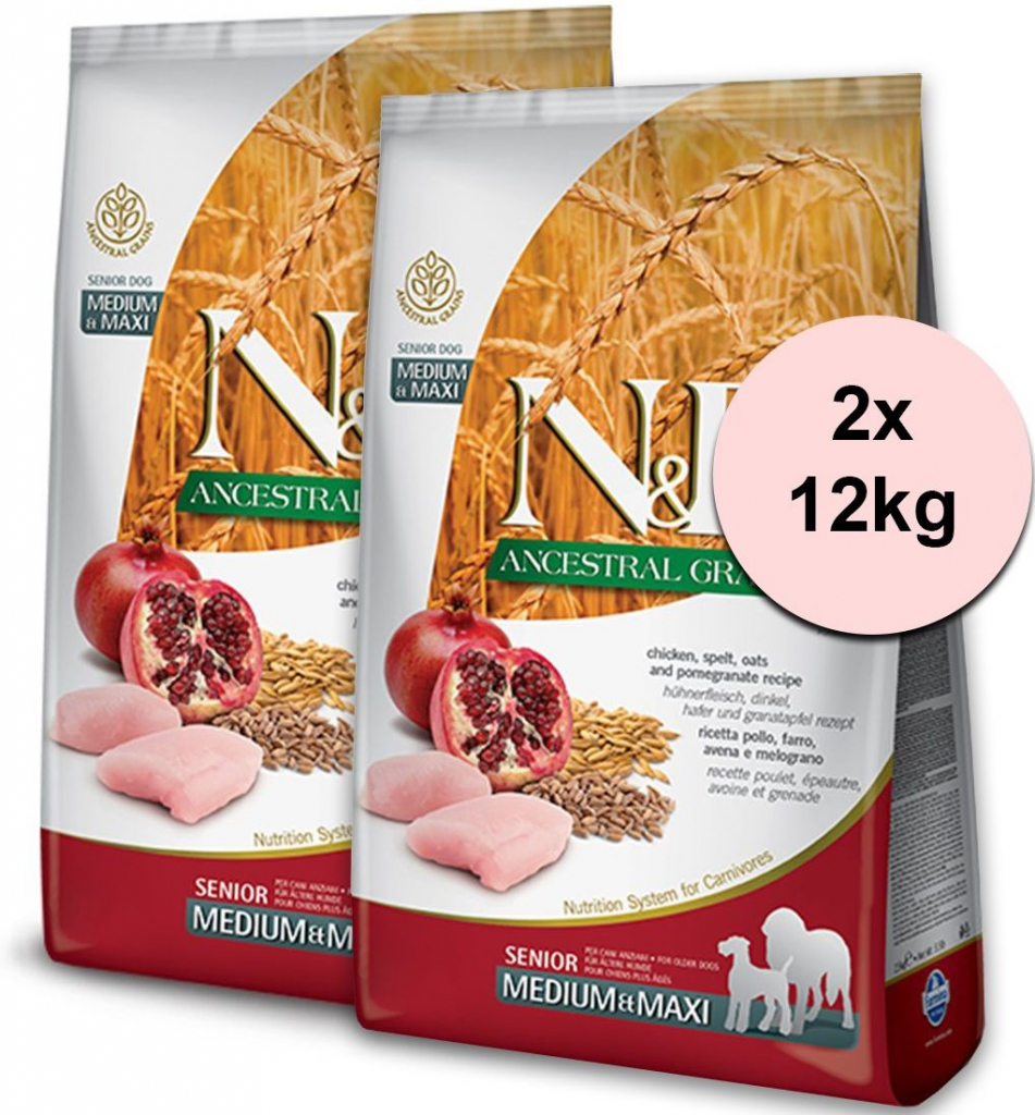N&D Ancestral Grain Dog Senior Medium & Maxi Chicken & Pomegranate 2 x 12 kg