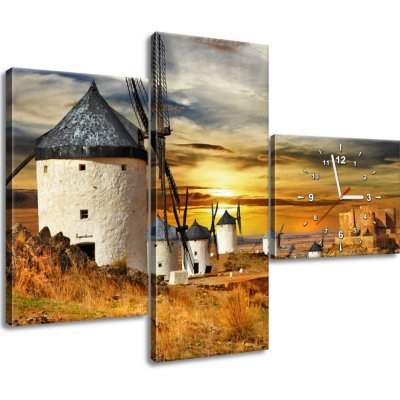 Gario Obraz s hodinami Větrné mlýny ve Španělsku - 3 dílný Rozměry: 100 x 70 cm – Zboží Mobilmania