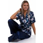 Modré kytičkové klasické luxusní pyžamo dámské ze saténu 1E8469 – Zboží Mobilmania