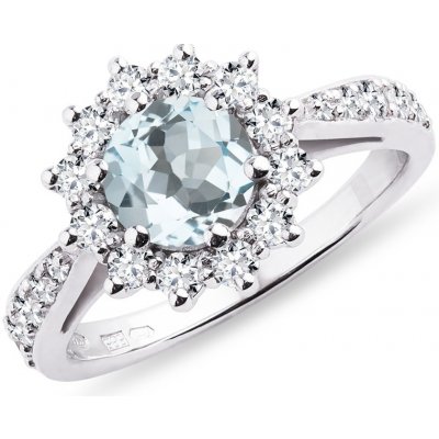 Prsten halo z bílého zlata s akvamarínem a diamanty KLENOTA K0617012