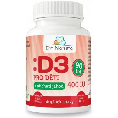 Dr. Natural Vitamín D3 pro děti s příchutí jahody (400IU) 90 tablet Doplněk stravy