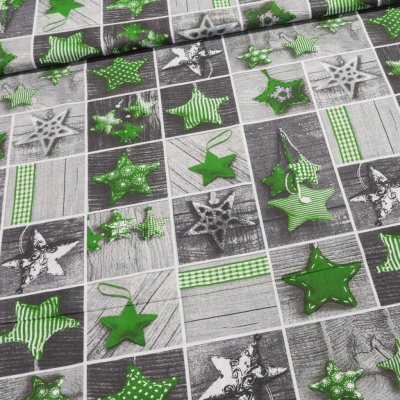 Bavlněné plátno vánoční VT039/03 vzorované zelené hvězdy v šedém čtverci, š.160cm (látka v metráži) – Zboží Mobilmania