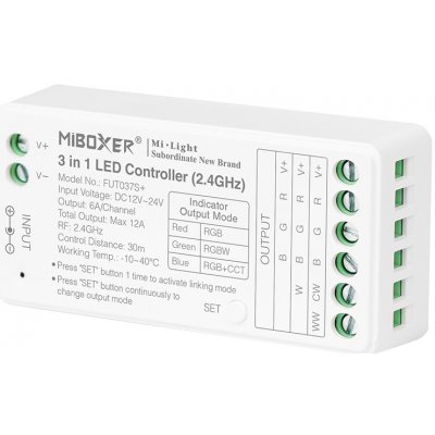 Mi-Light, LED přijímač 3v1 pro RGB/RGBW/RGB+CCT LED pásky, Boxer, 2,4Ghz, 12-24VDC, 12A, Mi-light, FUT037S+ – Zbozi.Blesk.cz