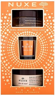 NUXE Rêve de Miel Honey Lover : tělový balzám Reve De Miel 200 ml + tělový peeling Reve De Miel 175 ml + vonná svíčka Reve De Miel 70 g