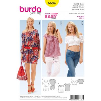 Střih Burda číslo 6684 jednoduché letní šaty, halenka Carmen – Zboží Mobilmania