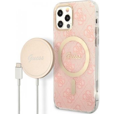Pouzdro Guess 4G Print MagSafe set + nabíječka iPhone 12 / 12 Pro - růžové