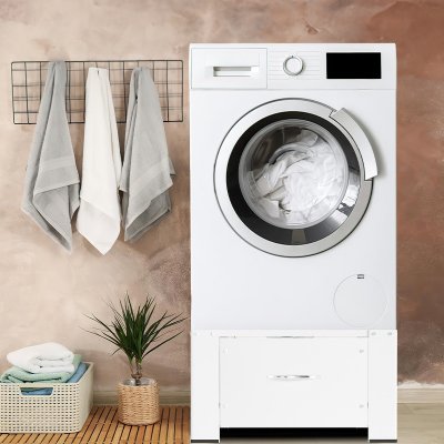 Jopassy podstavec pod pračku, stabilní podstavec pod pračku se zásuvkou z bílé oceli do 150 kg prádla – Zboží Mobilmania