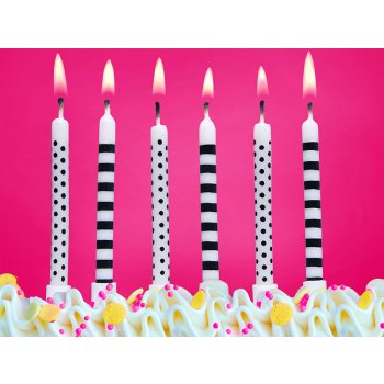PartyDeco Narozeninové svíčky na dort s puntíky a proužky ČERNO BÍLÉ